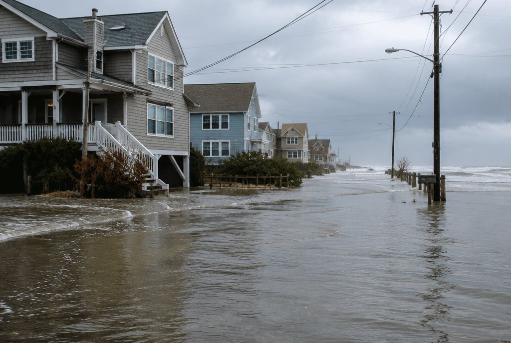 coastal houses with a flooded street after a storm surge coastal houses with a flooded street after a storm surge