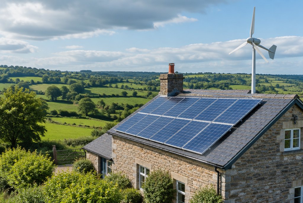 rooftop solar panels and a small wind turbine on a farmhouse in green countryside rooftop solar panels and a small wind turbine on a farmhouse in green countryside