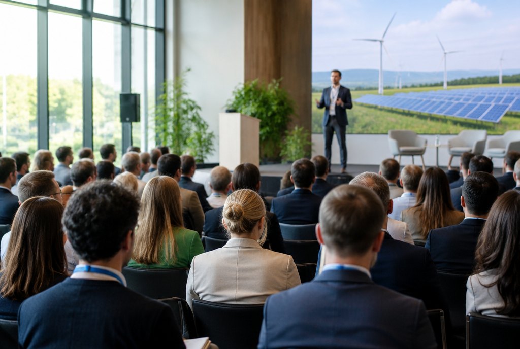 conference hall with an audience at a sustainable energy congress, speaker on stage, seen conference hall with an audience at a sustainable energy congress, speaker on stage, seen