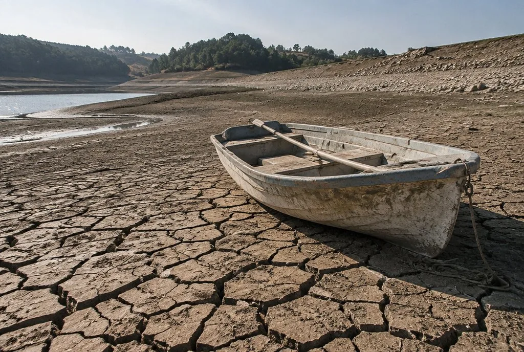 Global Climate Change cracked dry reservoir bed with a stranded rowing boat