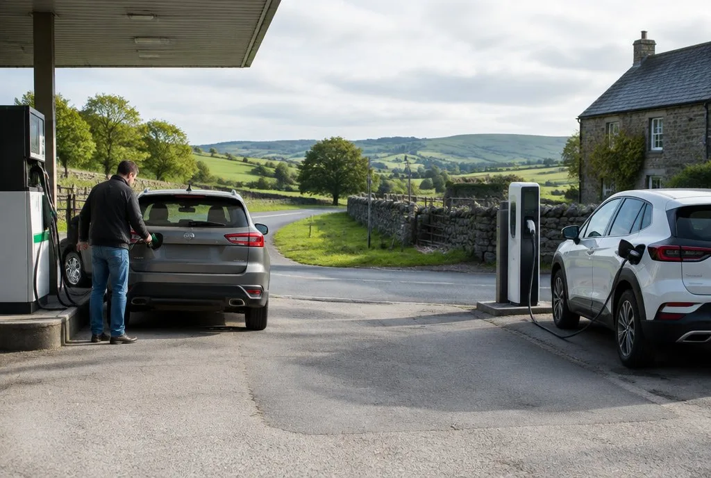 Hybrids Still Beat Electric Vehicles In hybrid car refuelling at a rural petrol station next to a single EV charger on a country r