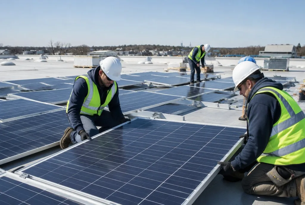 Solar Energy Power technicians installing solar modules on a large flat industrial roof