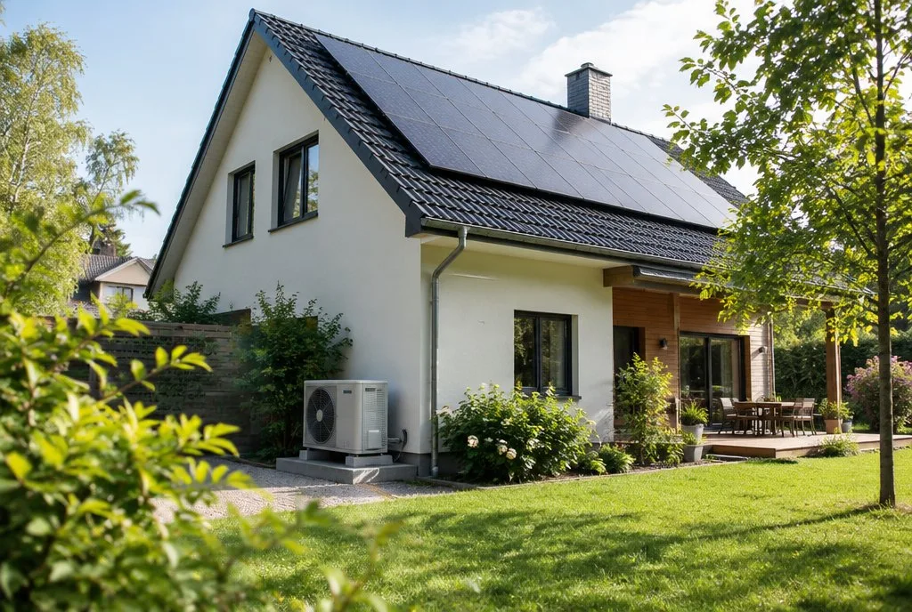 Sustainable Energy family home with heat pump unit and solar roof in a leafy suburb