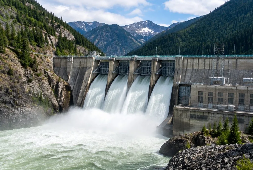 concrete hydroelectric dam with water rushing through spillways in a mountain valley