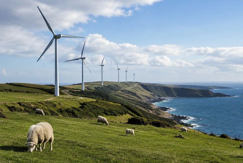 Wind Energy row of wind turbines on a coastal hill with sheep grazing below